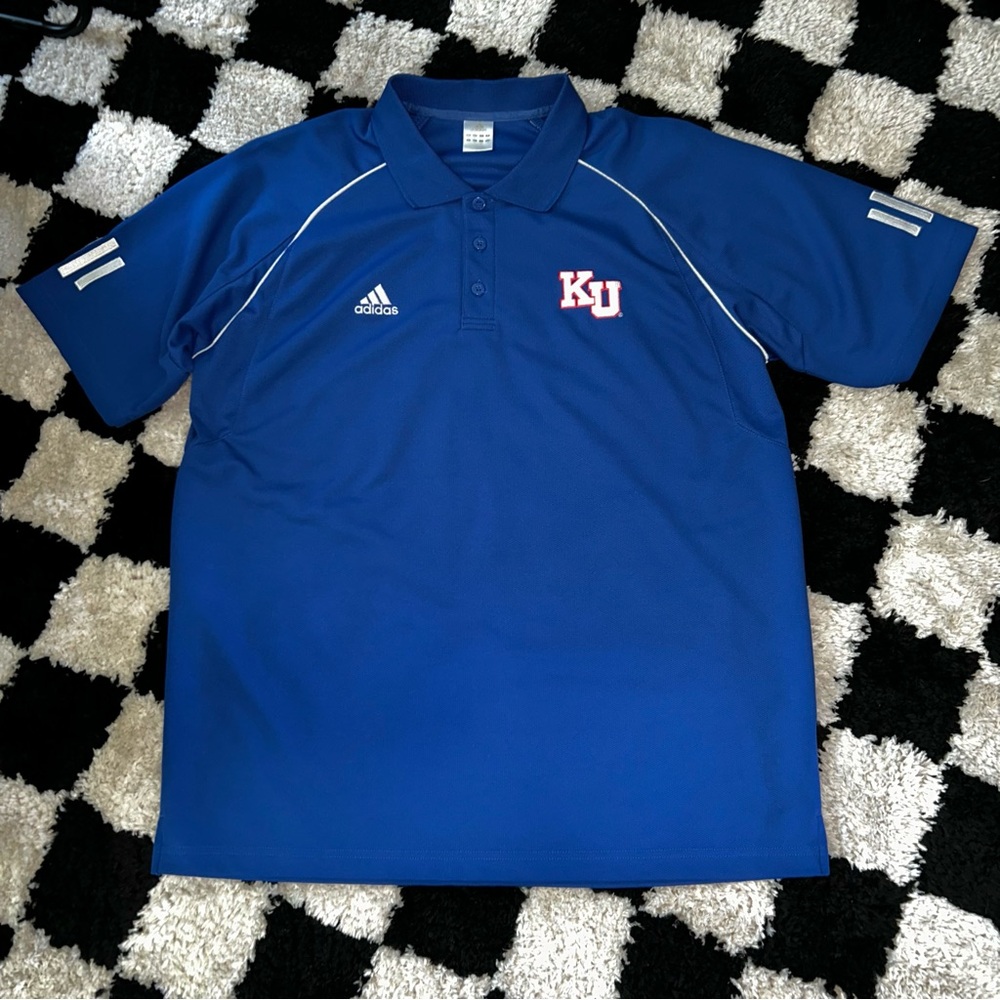 Vintage Adidas Large Kansas University Jayhawks Men's Embroidered Blue Polo Y2K